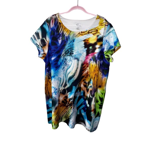 June Ambrose Plus Size 2X Multicolor Animal Print Short Sleeve Top Art Stretch - Picture 1 of 5